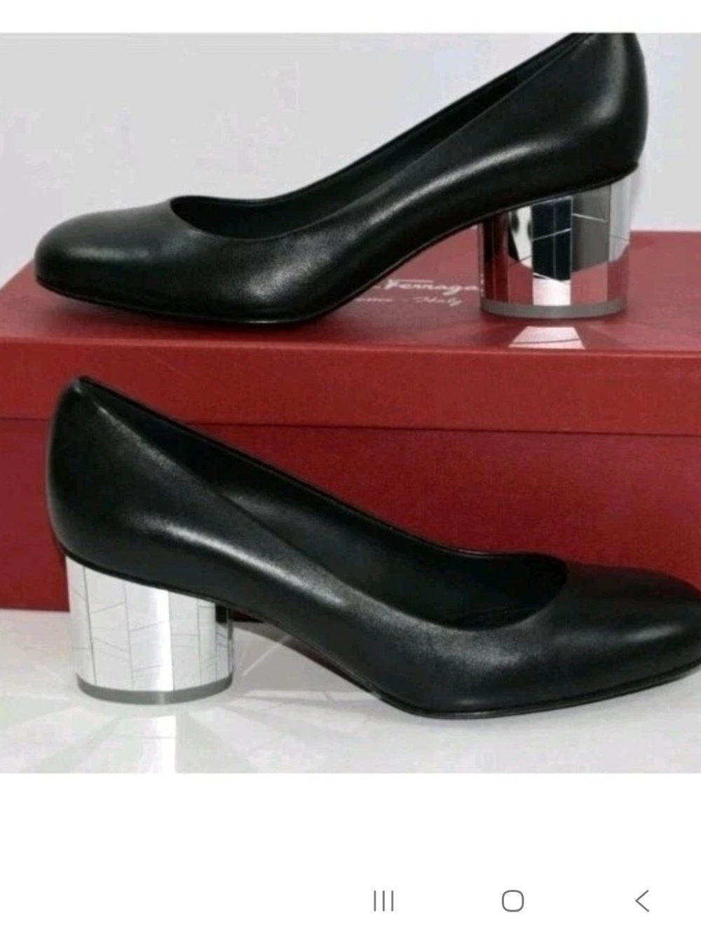 Salvatore Ferragamo Farrah Black Lamb Leather Pumps Mirrored 2” Heels Size 6 NWB